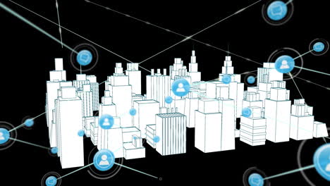 Animation of networks of connections with icons over 3d city drawing spinning on black background