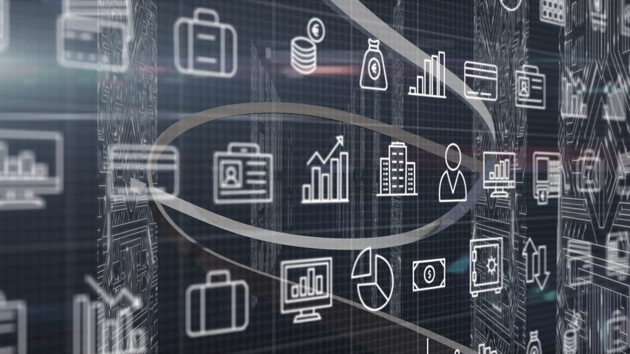 animación de iconos de negocios sobre la sala del servidor