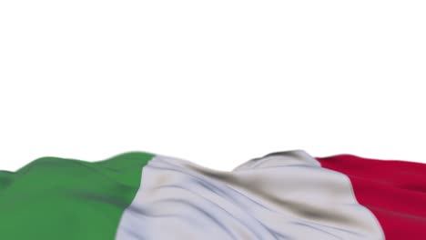 bandera de tela italiana ondeando en el bucle del viento. bordado italiano estandarte de tela cosida balanceándose en la brisa. fondo blanco medio lleno. lugar para el texto. bucle de 20 segundos.