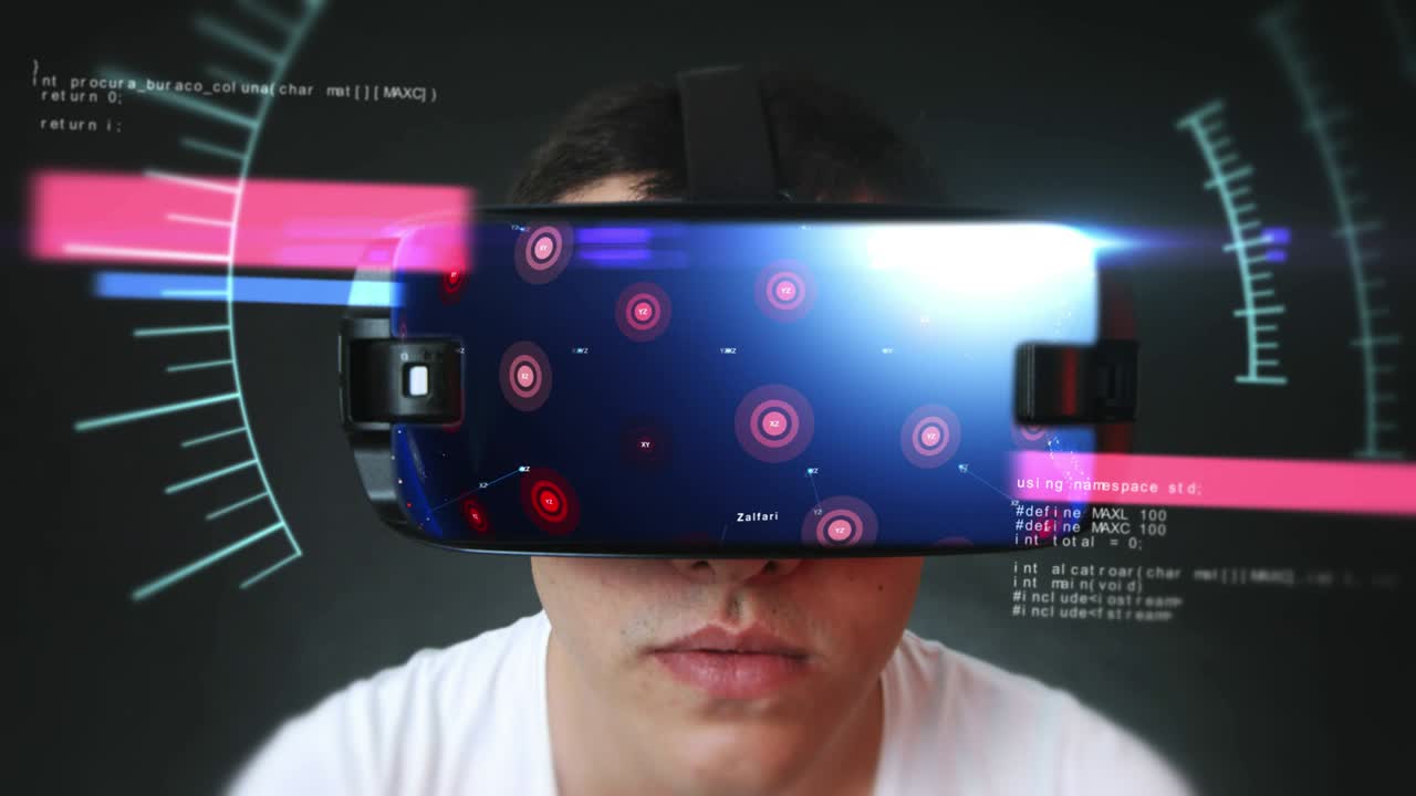 un joven guapo que usa auriculares vr y experimenta la realidad virtual.