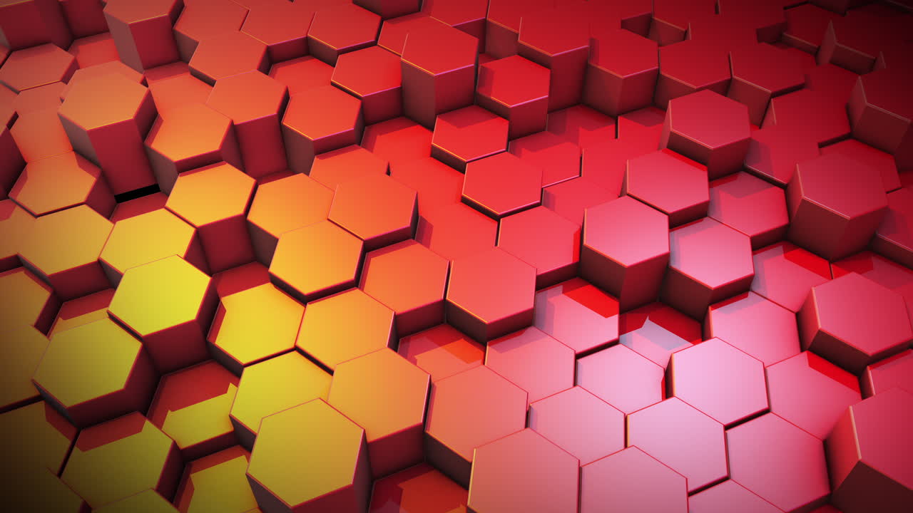 Animated hexagonal cylinders on red background. Random movement of figures. Abstract 3D animation.