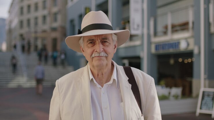 ritratto di un uomo anziano alla moda in vacanza, un turista serio che indossa un vestito bianco e un cappello
