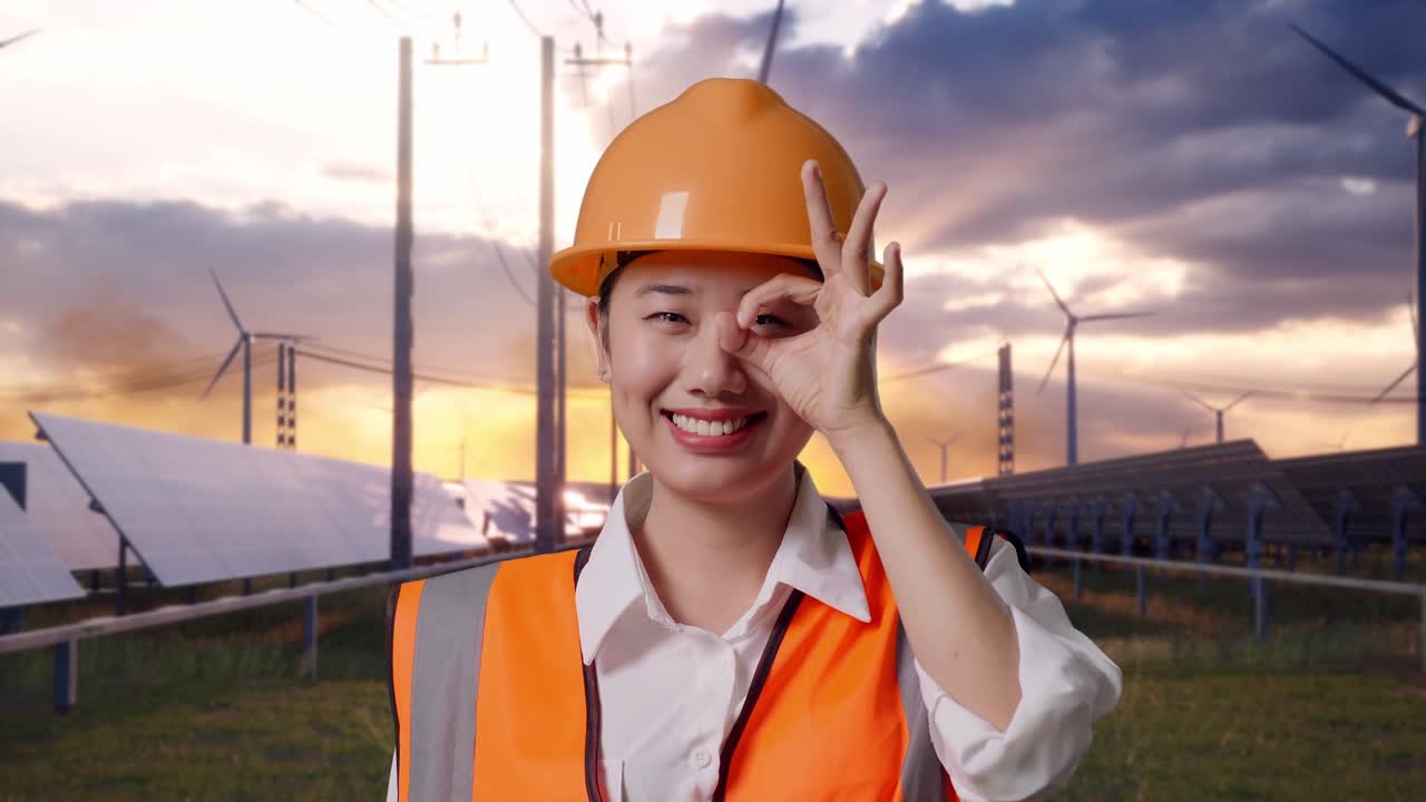 Close Up Of Asian Female Engineer With Safety Helmet Showing Ok Hand Sign Over Eye And Smiling To Camera With Solar Panel and Wind Turbines