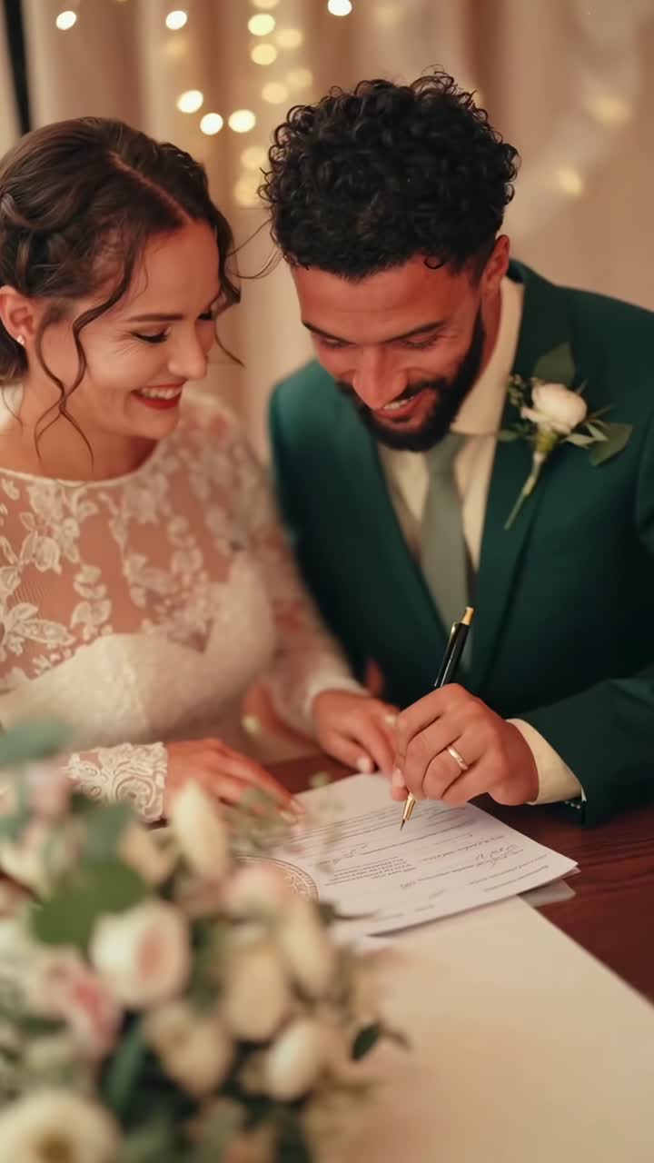 A candid video captures a couple signing a document at a wedding, shot from a close angle