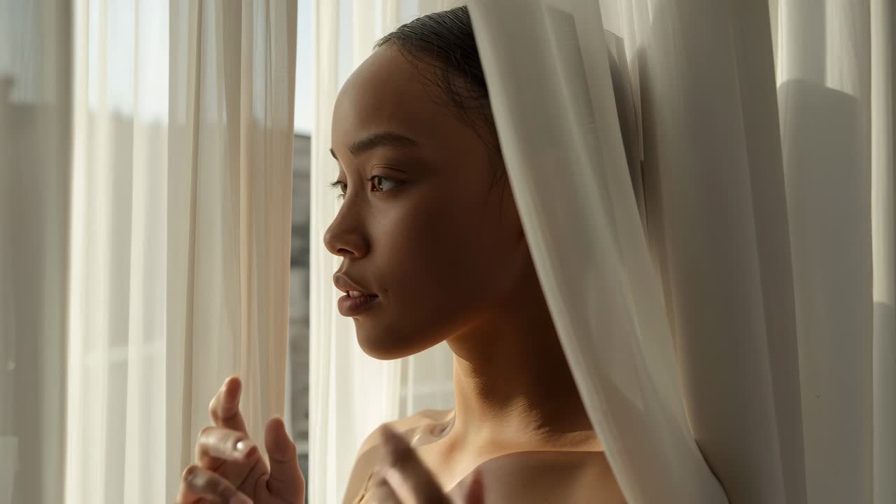 Vertical video: Drawing drape while daylight filtering, woman wearing beige top letting light fall