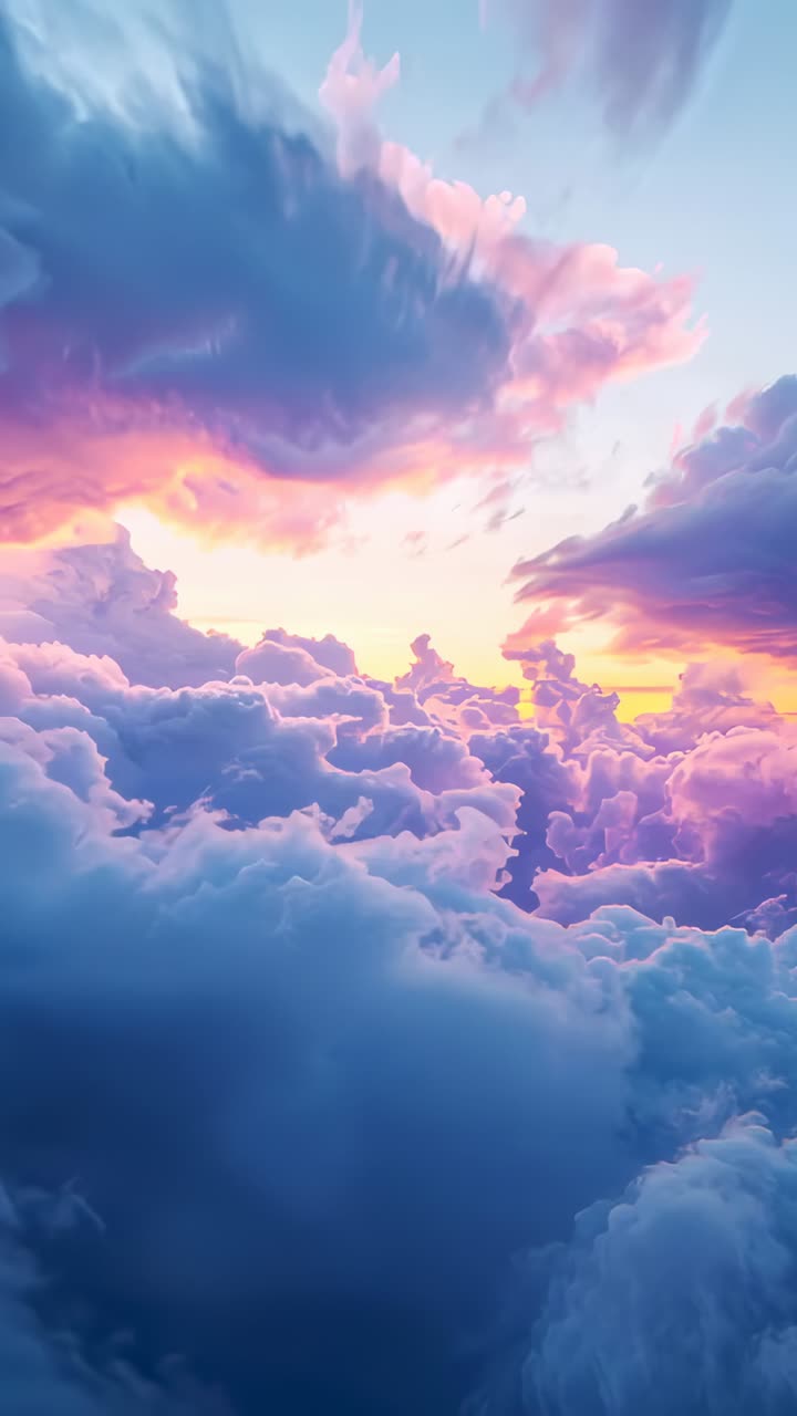 Vertical video: Gliding camera after hover over dense clouds, revealing sun near horizon at sunrise