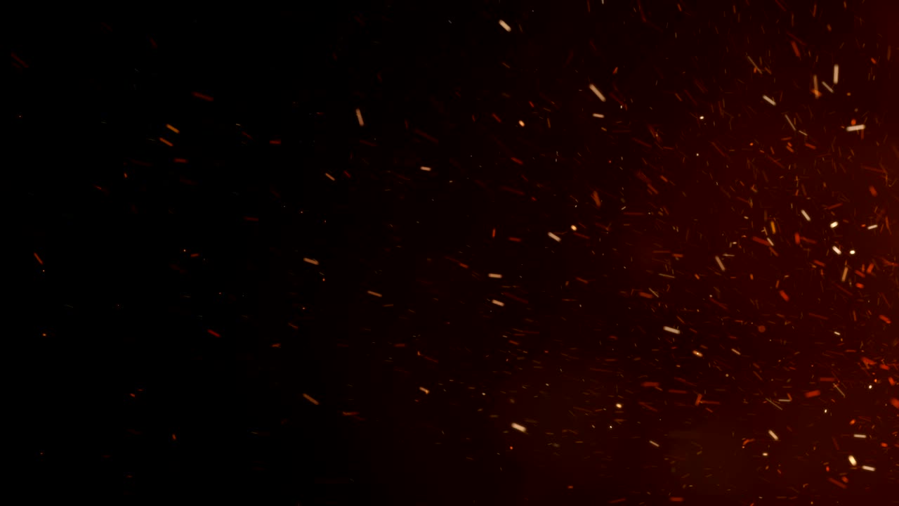 Burning Hot Sparks Rising from Large Fire in Night Sky. Side Movement. Abstract Isolated Fire Glowing Particles on Black Background Slow Motion. Looped 3d Animation.