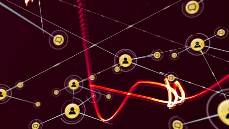 animation of network of connections of email icons on black background with red lights