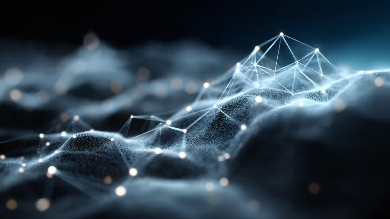 A mesmerizing visual of intertwined connections and nodes, showcasing the beauty of a digital landscape illuminated by shimmering lights in a dark environment