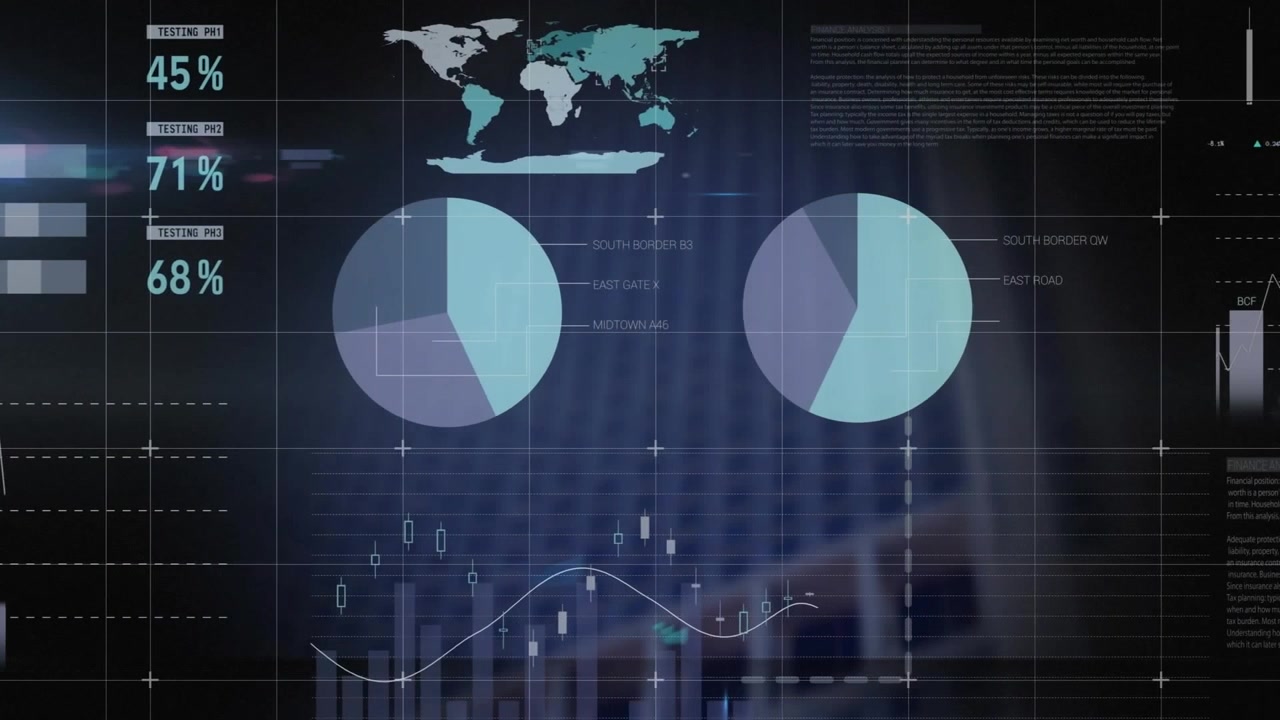 Animation of financial data processing over cityscape