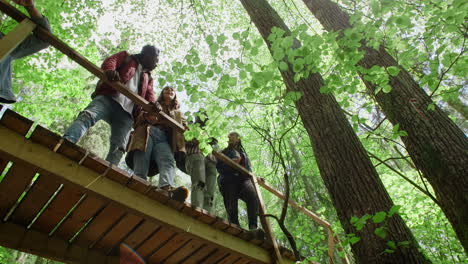 friends on a wooden bridge in a forest