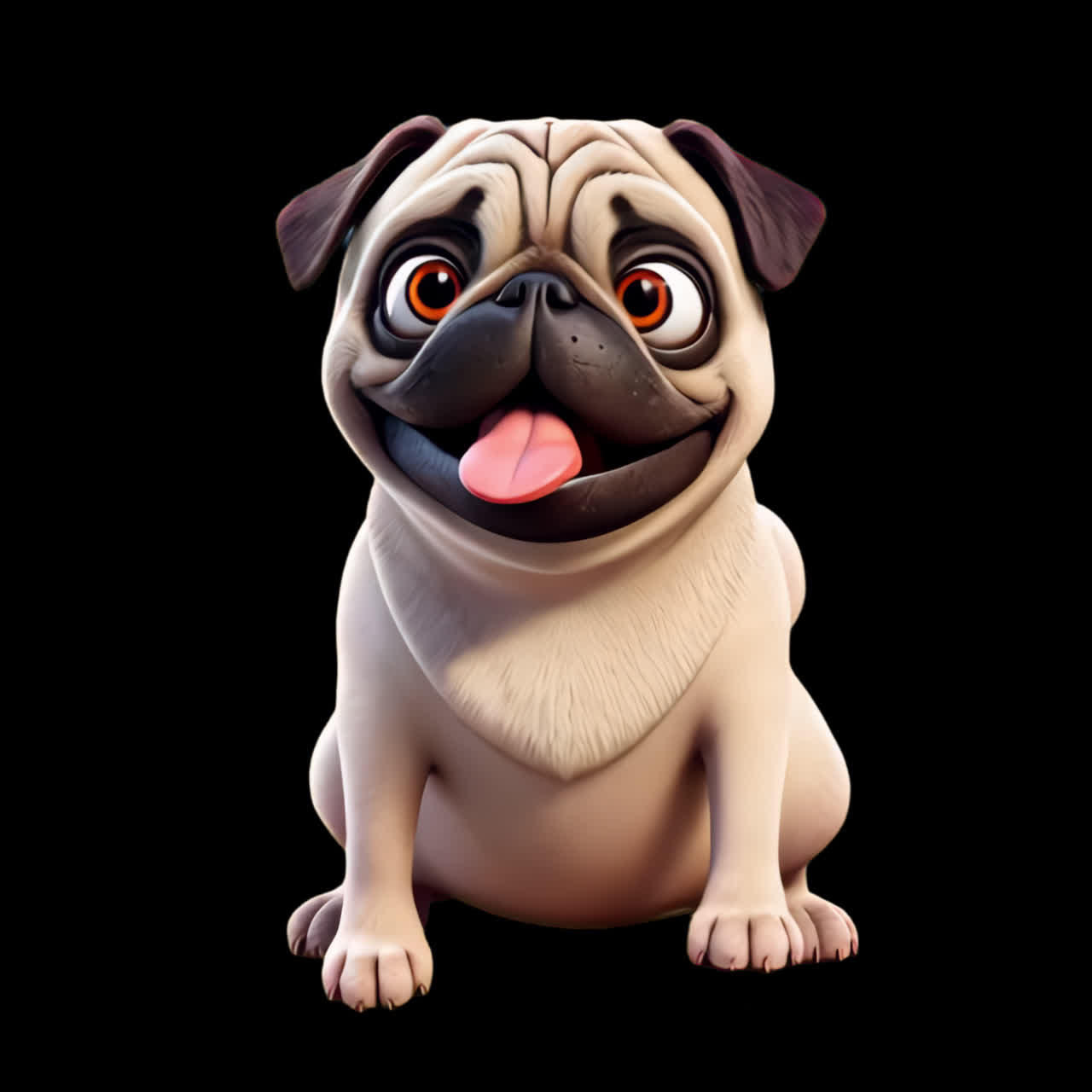 Animação de pug de desenho animado fofo sorrindo, ativo isolado, vídeo 4K transparente, canal alfa, ProRes 4444