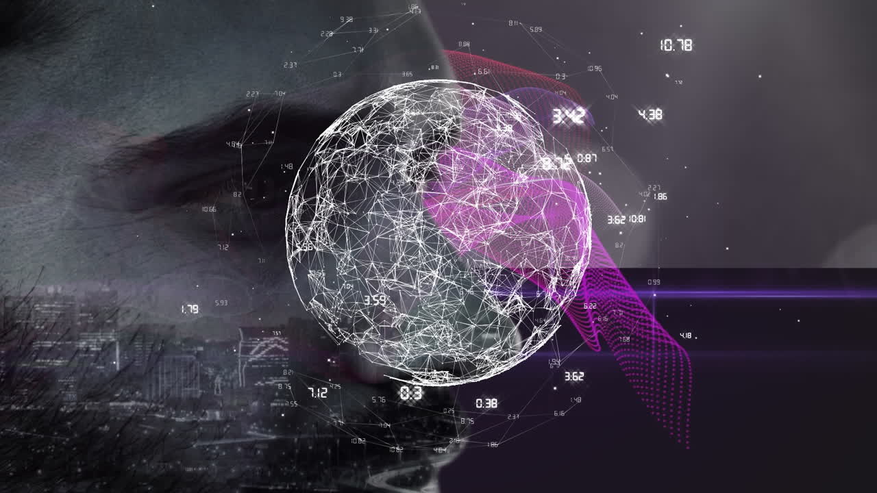 globo de red de conexiones girando y onda digital rosa contra el primer plano de un hombre