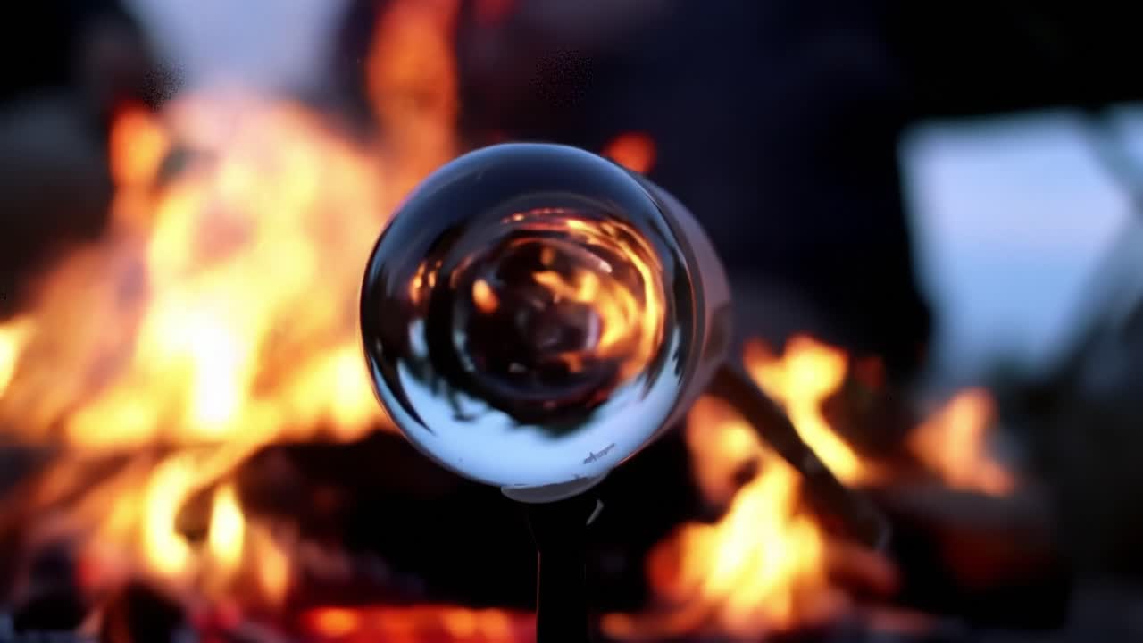 A Glimmering Reflection of Flames: The Intricate Dance of Light and Shadows Captured Through a Polished Lens Amidst a Mesmerizing Campfire Glow