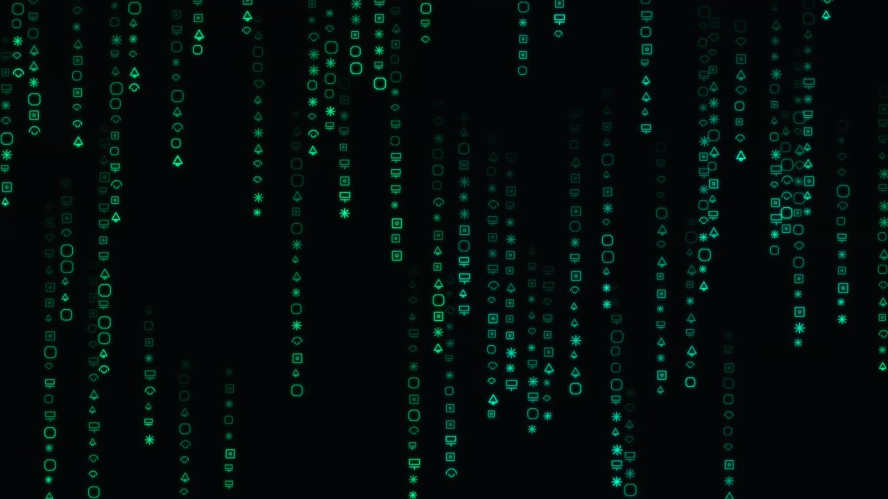 Digital Matrix Rain With Geometric Symbols Falling on Black Background