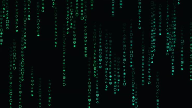 Digital Matrix Rain With Geometric Symbols Falling on Black Background