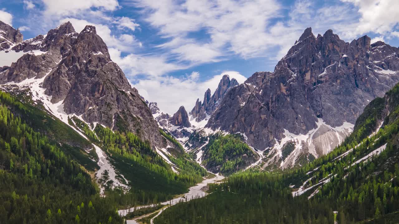 Hyperlapse drone flight through Fischleinbachtal in the Dolomites in South Tyrol