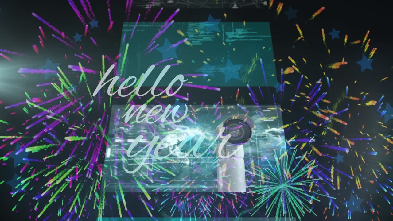 Animation of hello new year and fireworks over screen with diverse data