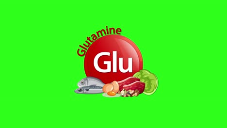 a red glutamine icon animates centrally as food illustrations—fish, meat, egg, vegetables—appear beneath it, set against a vibrant green background