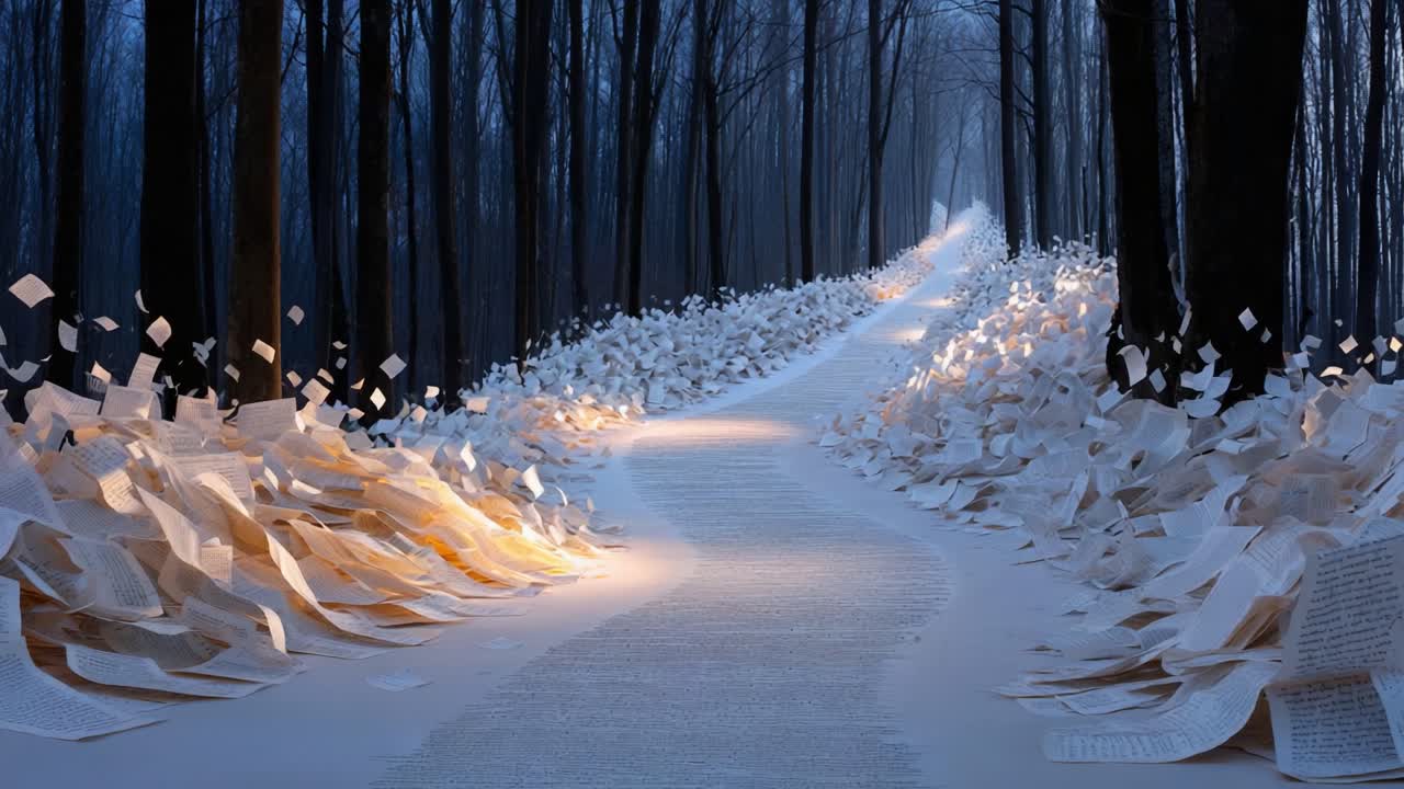 A Serene Pathway Through an Enchanted Forest, Lined with Flowing Pages of Text and Illuminated by Gentle Lighting, Invites the Imagination to Wander and Explore the Written Word