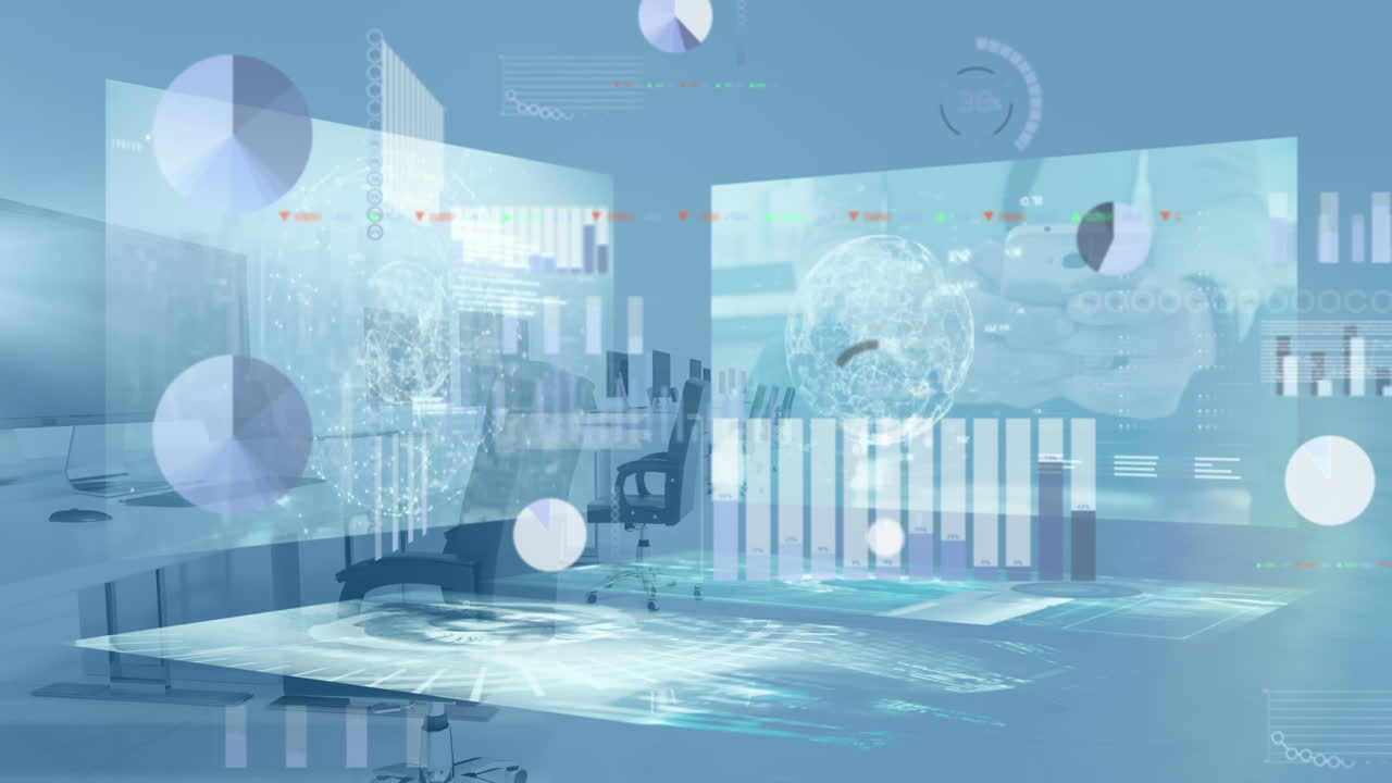 빈 사무실 위의 스크린에서 데이터 처리의 애니메이션