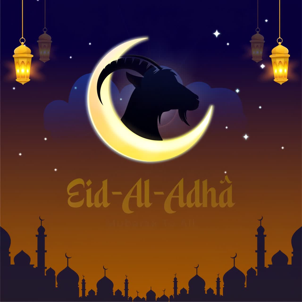 Animazione di auguri Eid Al Adha Mubarak: sagoma di capra all'interno di una luna crescente con lanterne luminose e skyline di moschee.