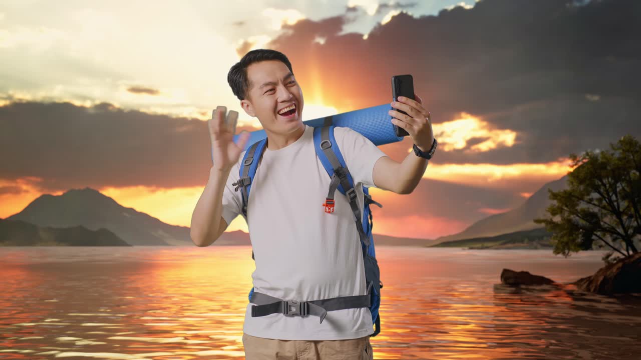 Asian Male Hiker With Mountaineering Backpack Waving His Hand And Pointing Back While Having A Video Call On Smartphone At A Lake