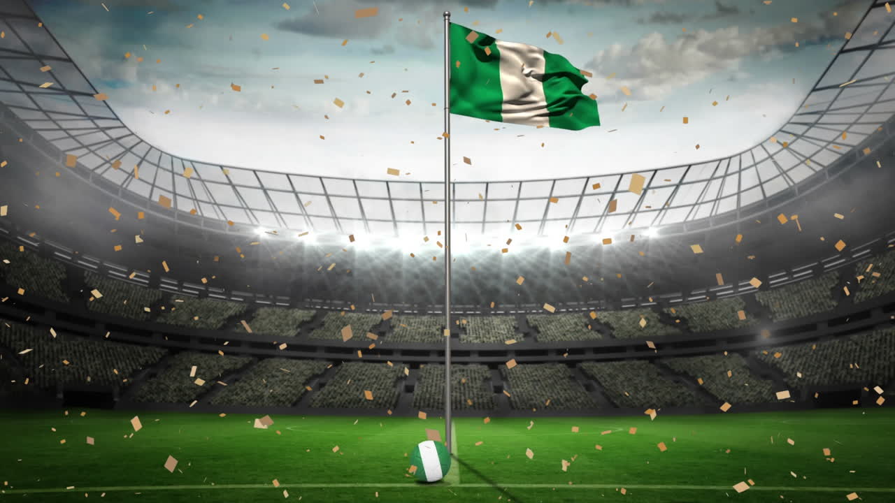 animación de confeti dorado cayendo sobre agitando la bandera de nigeria contra el estadio deportivo