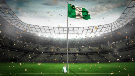 animation of golden confetti falling over waving nigeria flag against sport stadium