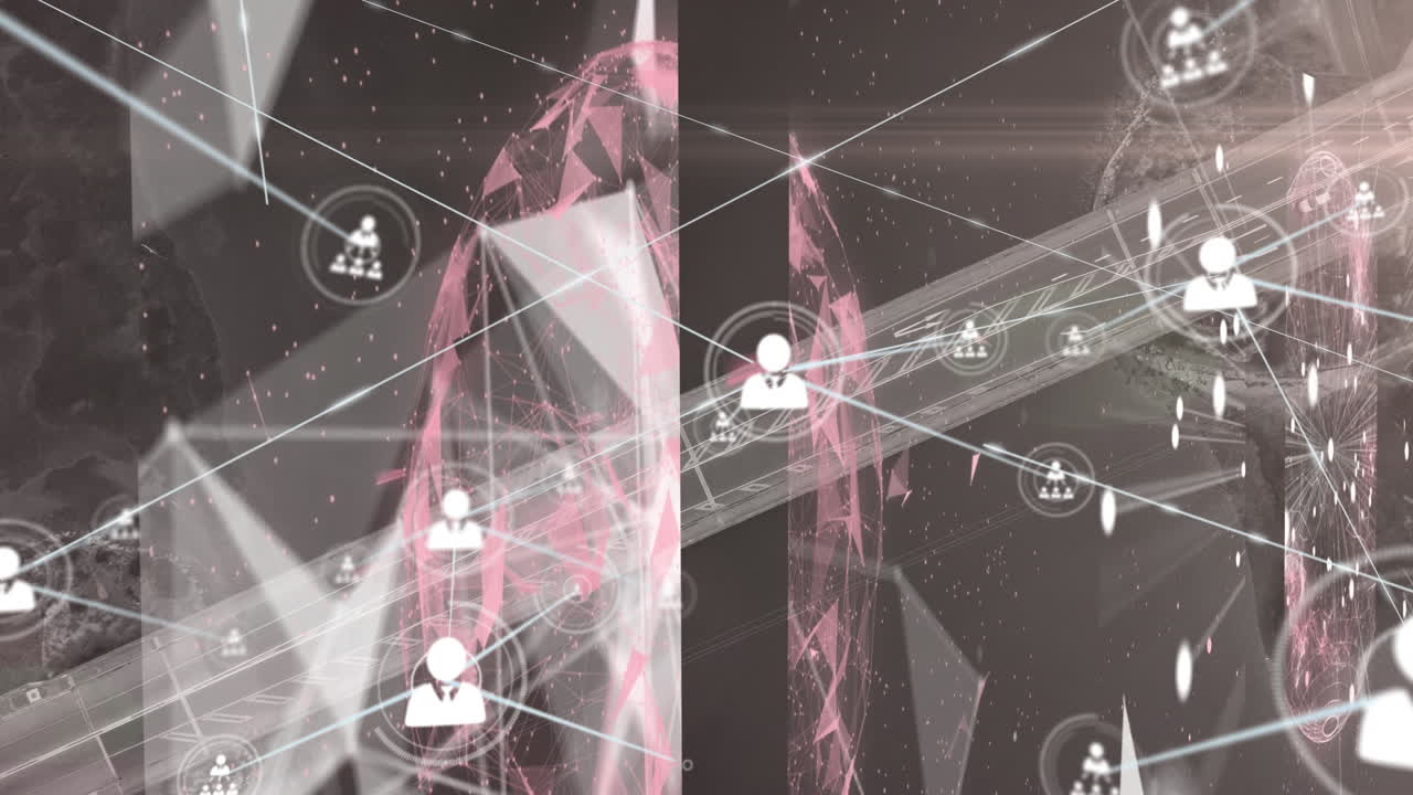 анимация сети соединений с медиа-иконами на черном фоне