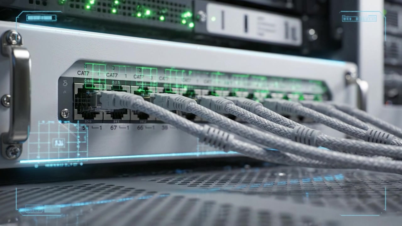 Close-up Look at Network Cables Connected to a Server Rack, Highlighting High-Speed Data Transfer and Information Technology Infrastructure in a Modern Data Center