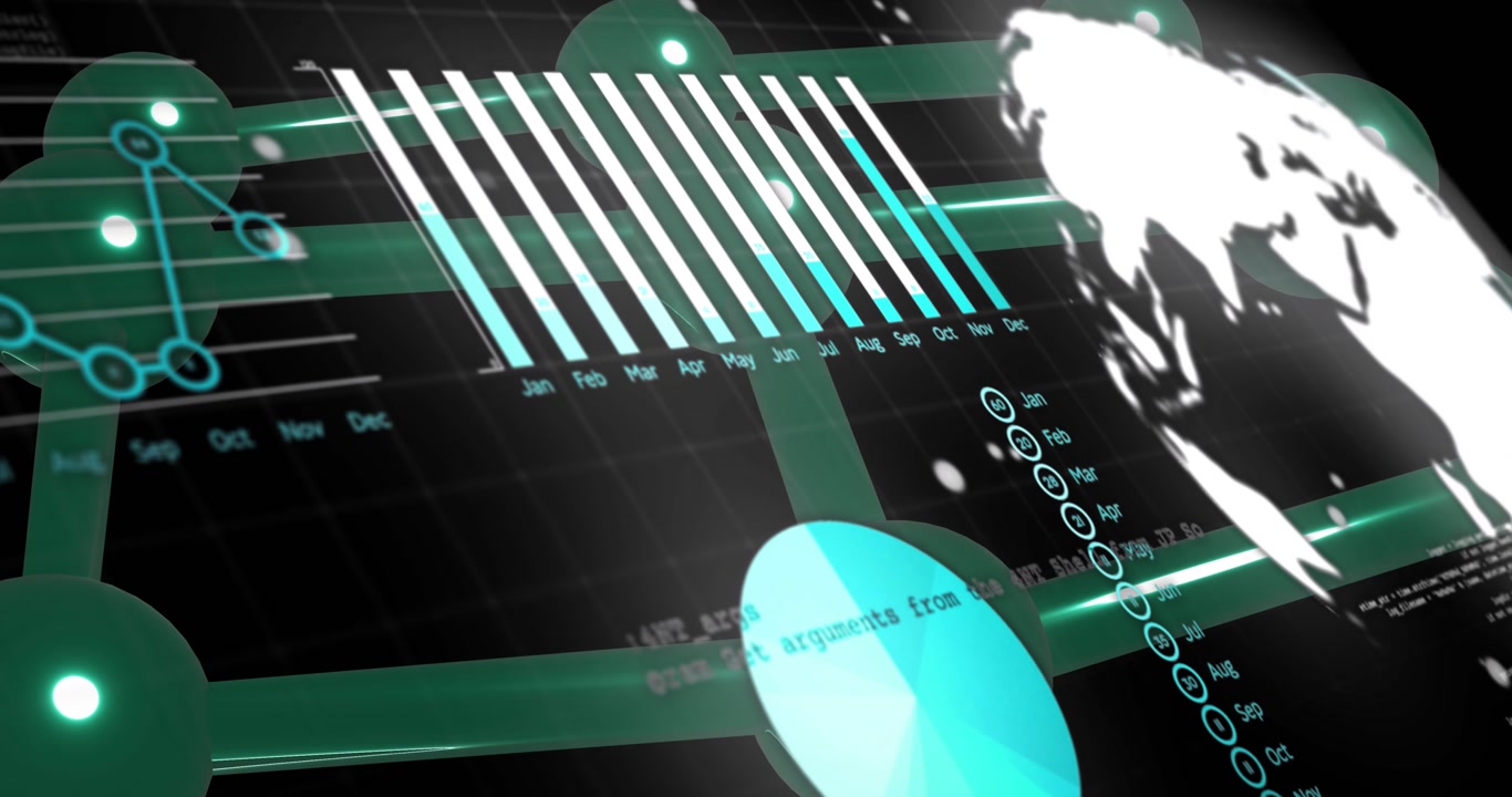 On play glossy green 3D network rotating and pulsing nodes, visualizing monthly data trends