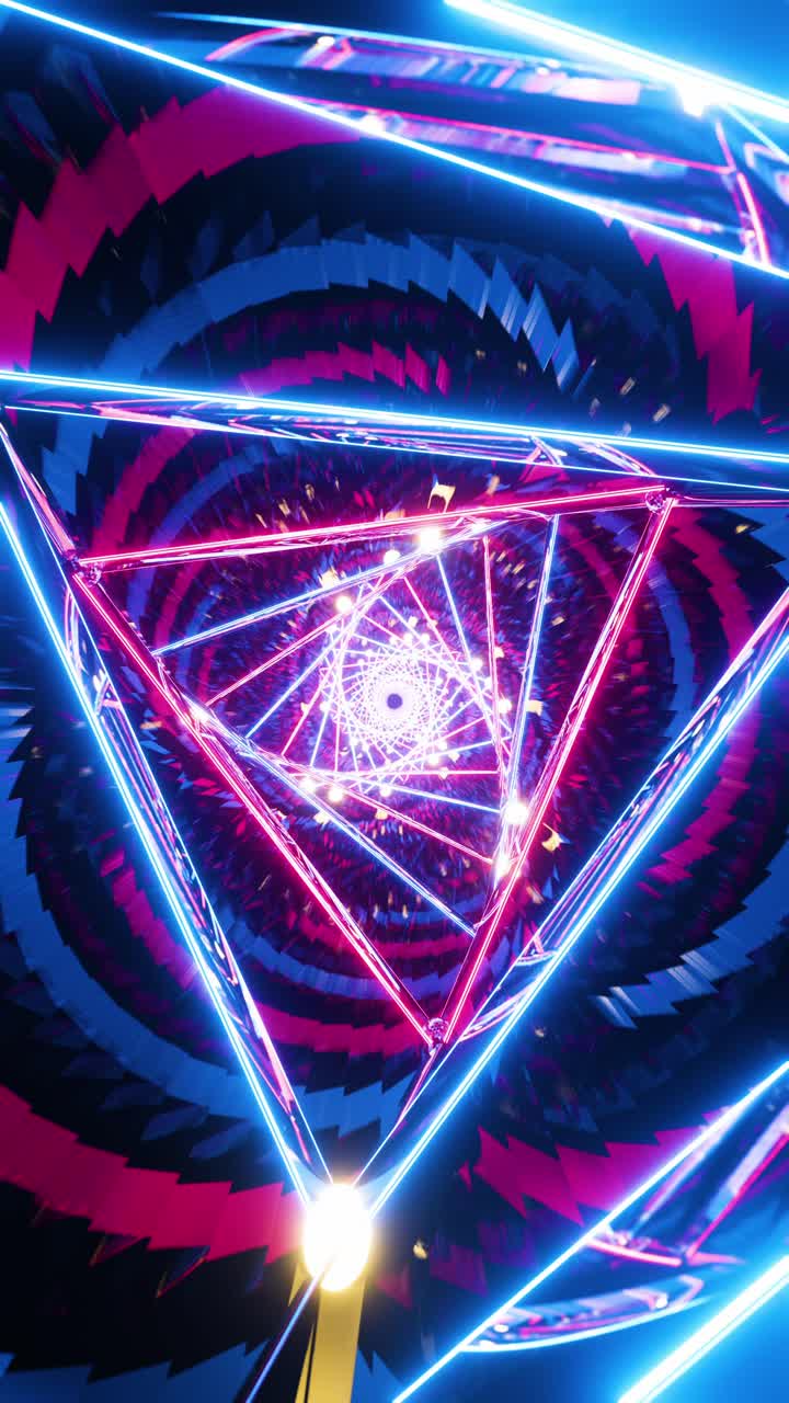 gráfico de movimiento de volar en el triángulo de rotación túnel digital. video en bucle vertical