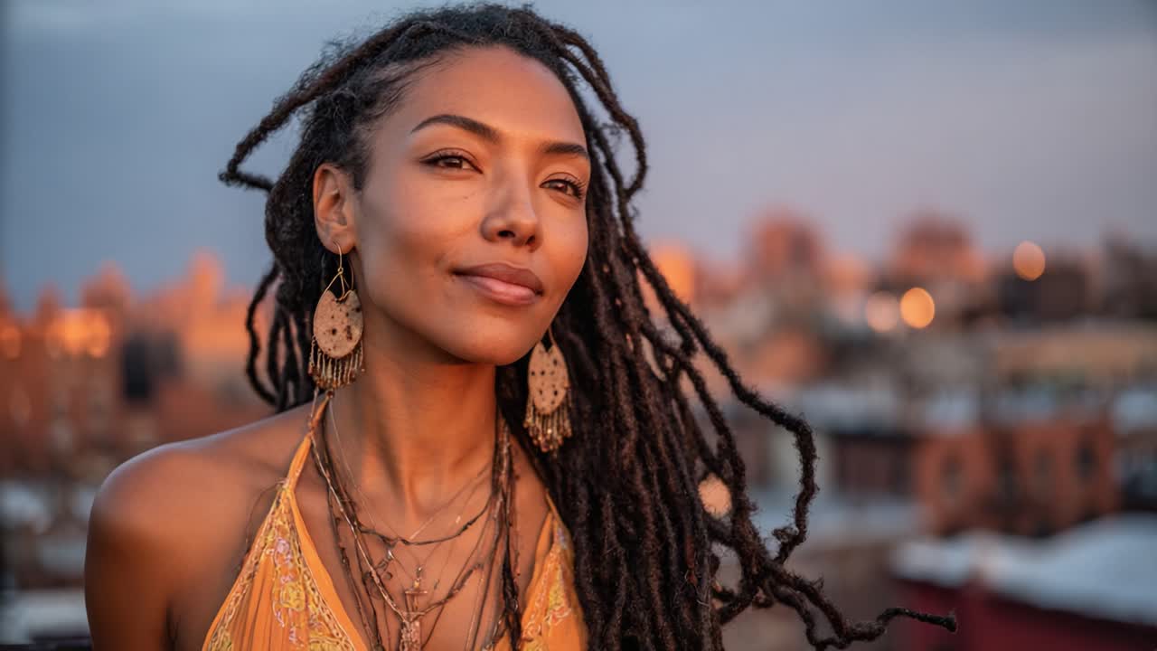 Captivating Portrait of a Woman with Dreadlocks Against a Sunset Cityscape, Highlighting Natural Beauty and Urban Aesthetics in a Serene Atmosphere