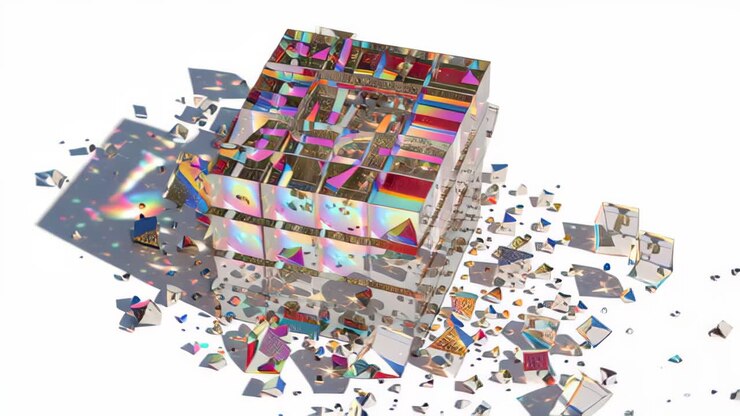 Dynamic footage of a multicolored glass cube breaking apart into reflective shards on a white background, creating a vibrant abstract explosion effect suitable for modern design and motion graphics
