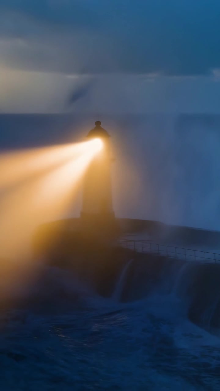 Vídeo vertical: Farol brilhante girando feixes duplos sobre o cais, com o vento impulsionando as ondas e guiando navios.