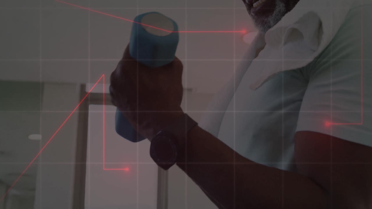 animación de senderos de luz roja moviéndose sobre afroamericano hombre en forma trabajando con pesas