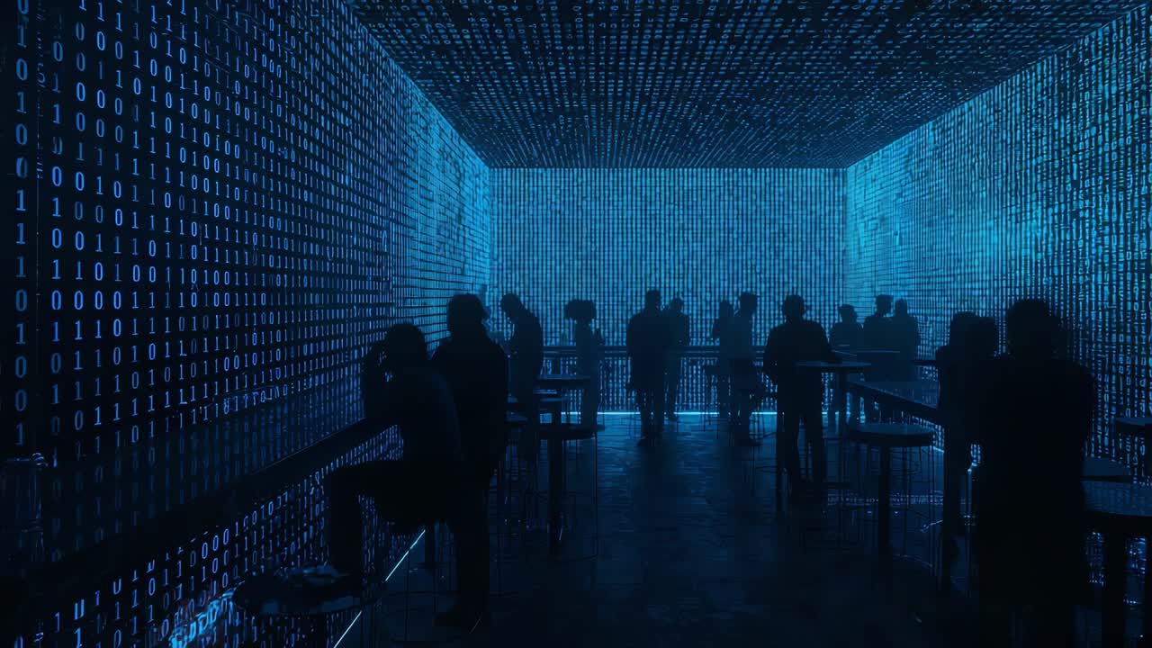 Projection starting, silhouettes shifting and recording blue binary with devices in dark gallery