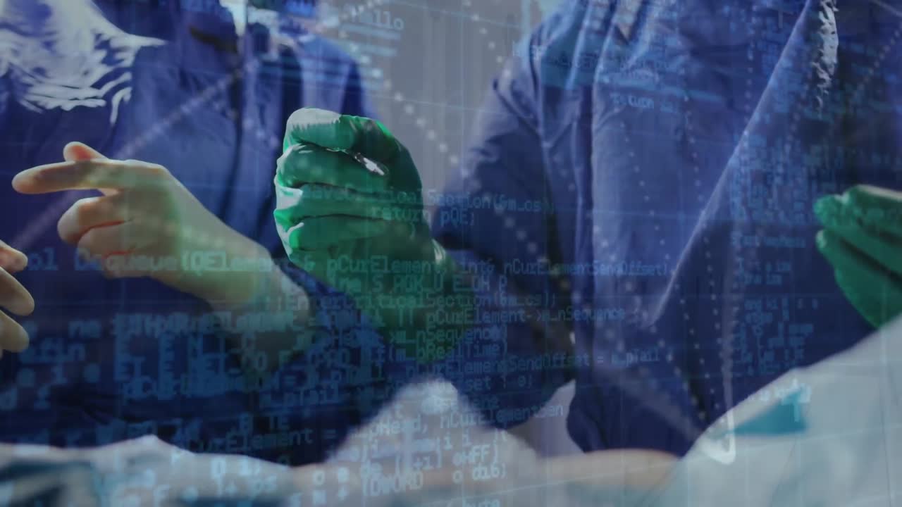 병원의 외과 의사 중간 섹션에 대한 그리드 네트워크를 통해 데이터 처리의 애니메이션