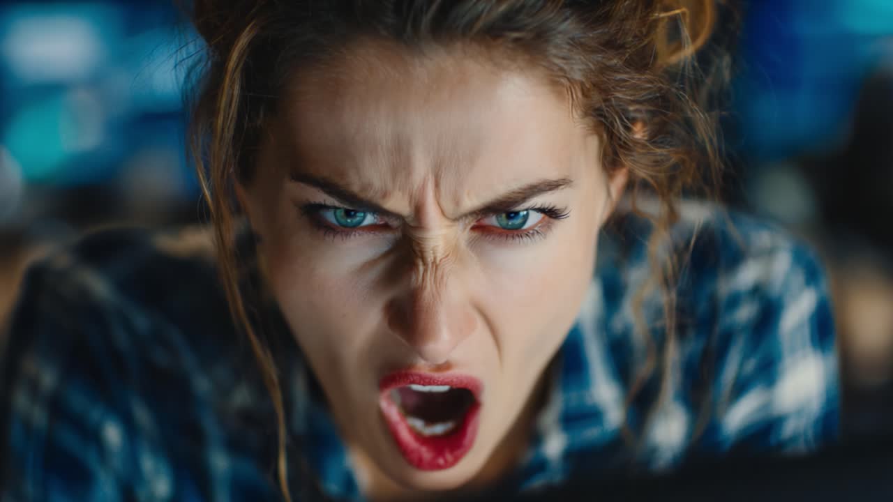 Intense Emotional Outburst: Capturing the Raw Anger and Frustration of a Woman's Face During a Heated Moment of Expression in a Close-Up Frame