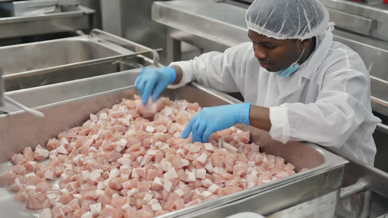 Food Processing Plant Worker Inspecting Meat