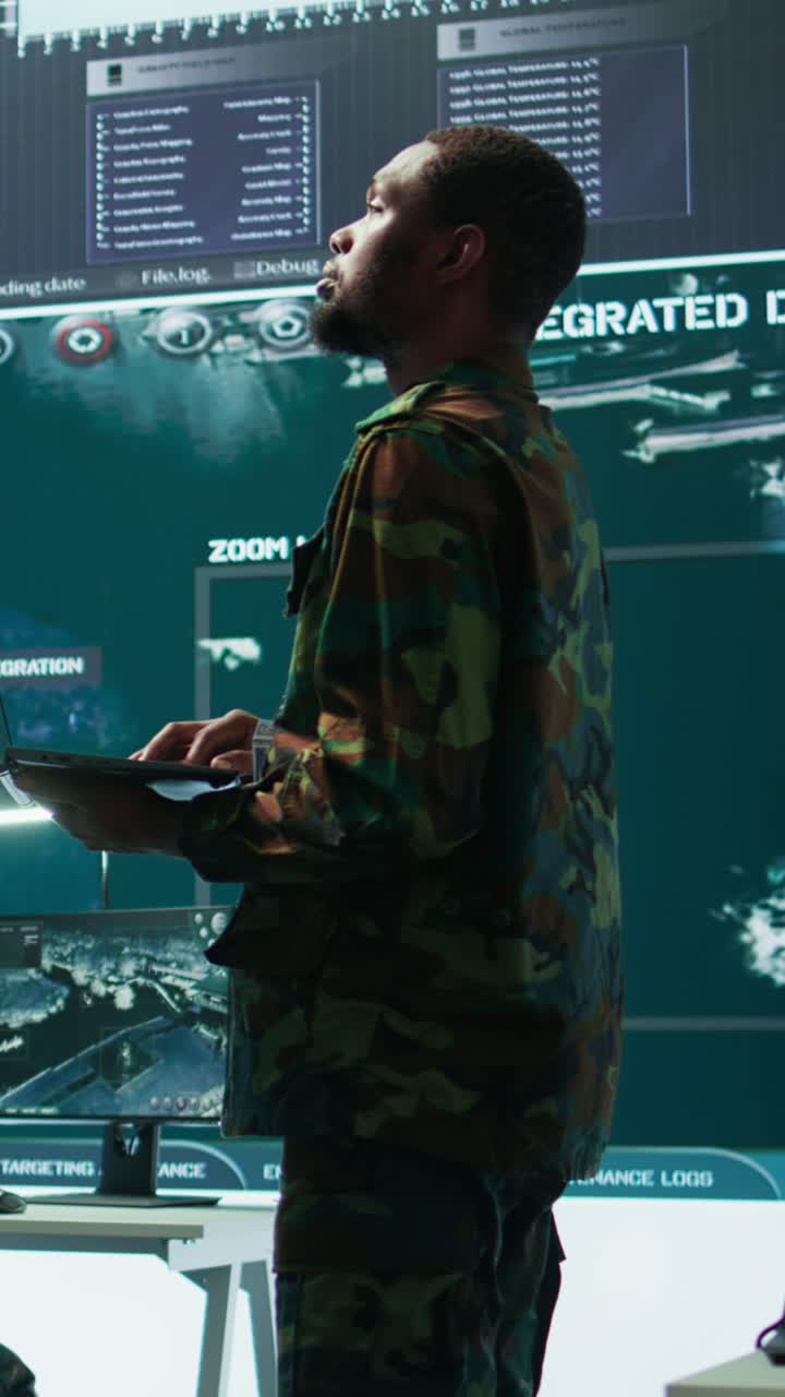 Vertical Video Team of military specialists operate in a secret service command post