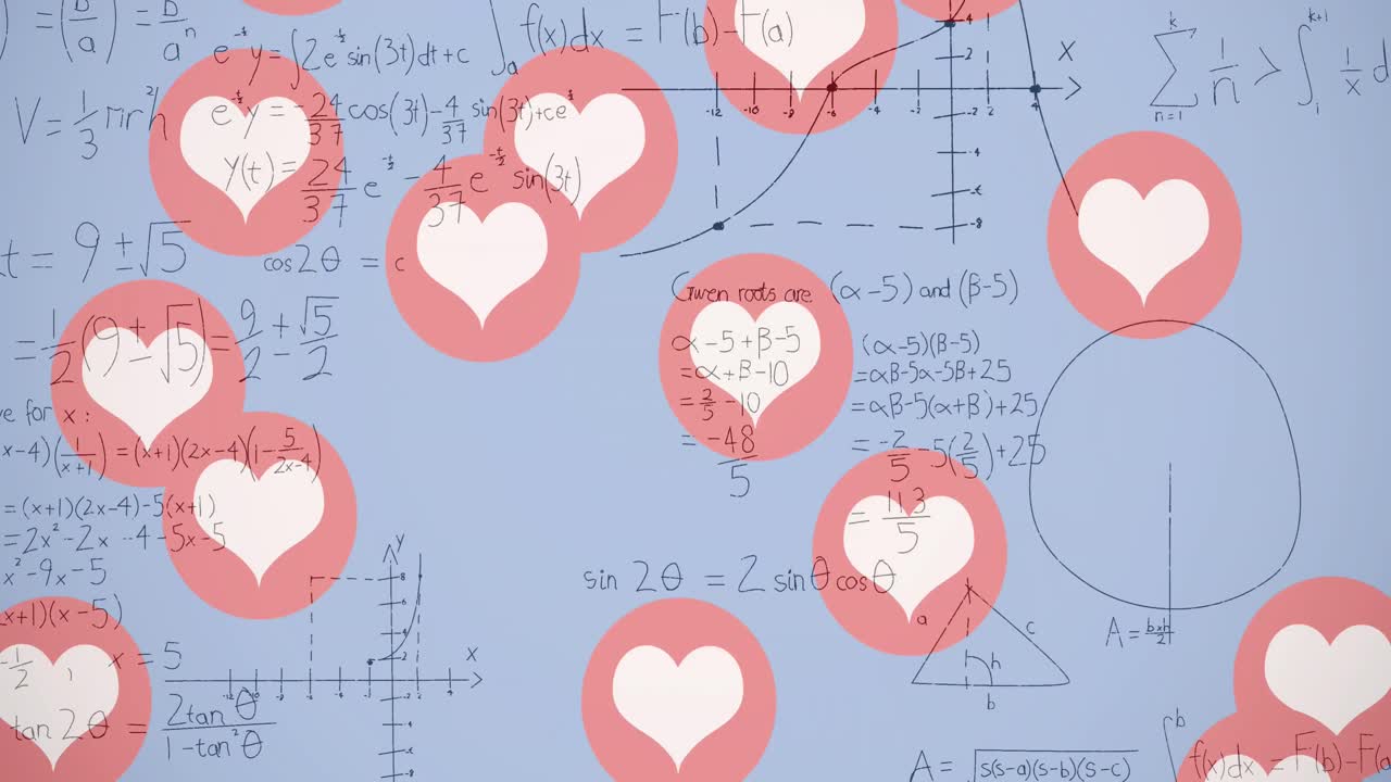 ⁇ 색 배경에 수학적 방정식 위에 떨어지는 심장의 애니메이션