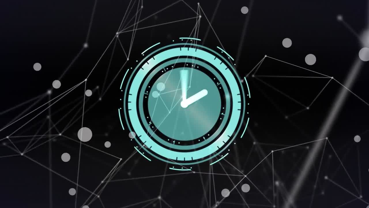 Animation of clock with network of connections over black background