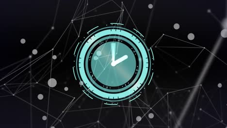 animación del reloj con una red de conexiones sobre fondo negro