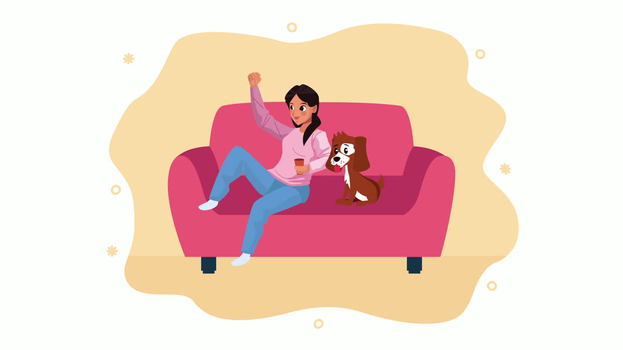 거실에서 개 마스코트를 가진 젊은 여성 집에 머물 캠페인