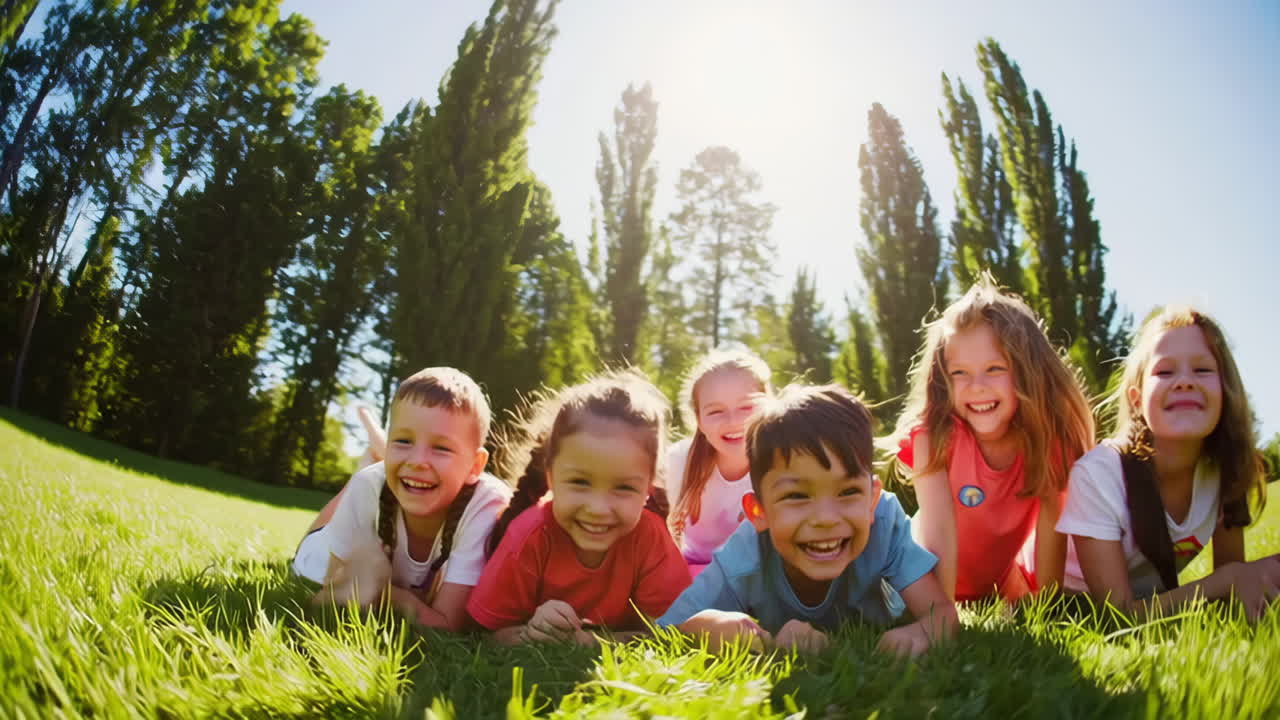 Joyful Group of Diverse Children Playing and Laughing on Sunny Grass