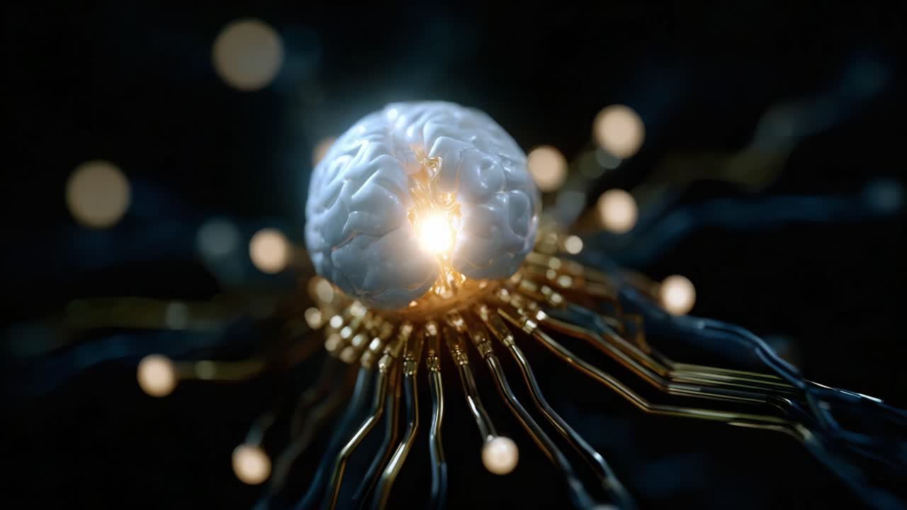 Futuristické zobrazení mozku obklopeného zářivými neuronovými spoji, symbolizující pokročilou technologii a průsečík mysli a stroje.