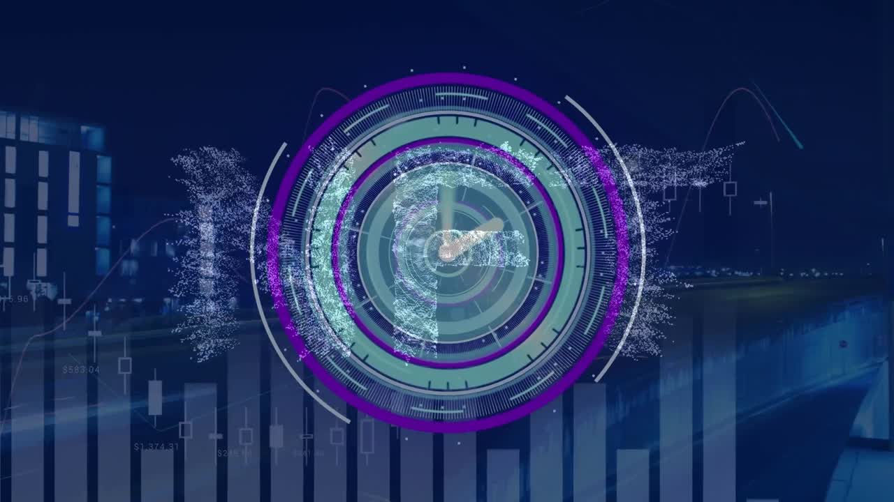 Animation of data processing with nft text and clock over cityscape