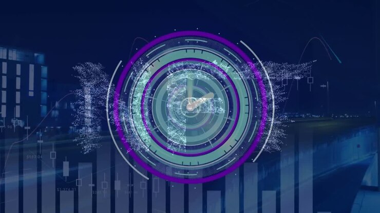 Animation of data processing with nft text and clock over cityscape